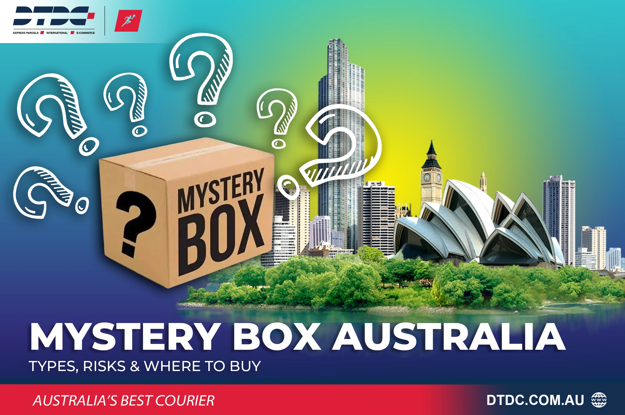 llustration of a cardboard box labeled 'MYSTERY BOX' surrounded by question marks, set against an Australian cityscape with landmarks, representing the concept and excitement of Mystery Box Australia.