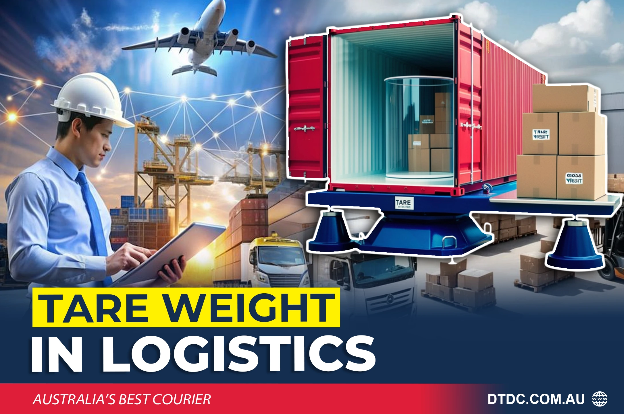 Composite image featuring a logistics professional with a digital tablet, an open shipping container on a scale with labeled boxes, trucks, airplane, and shipping cranes, visually representing the significance of tare weight in logistics and international shipping operations.