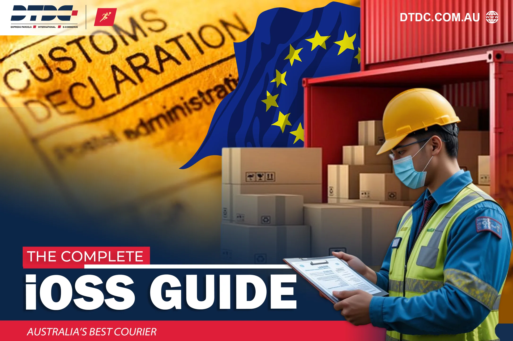 Featured image for the blog 'The Complete IOSS Guide' showing a customs declaration document, the EU flag, a shipping container with packages, and a worker in a safety vest and helmet checking documents.