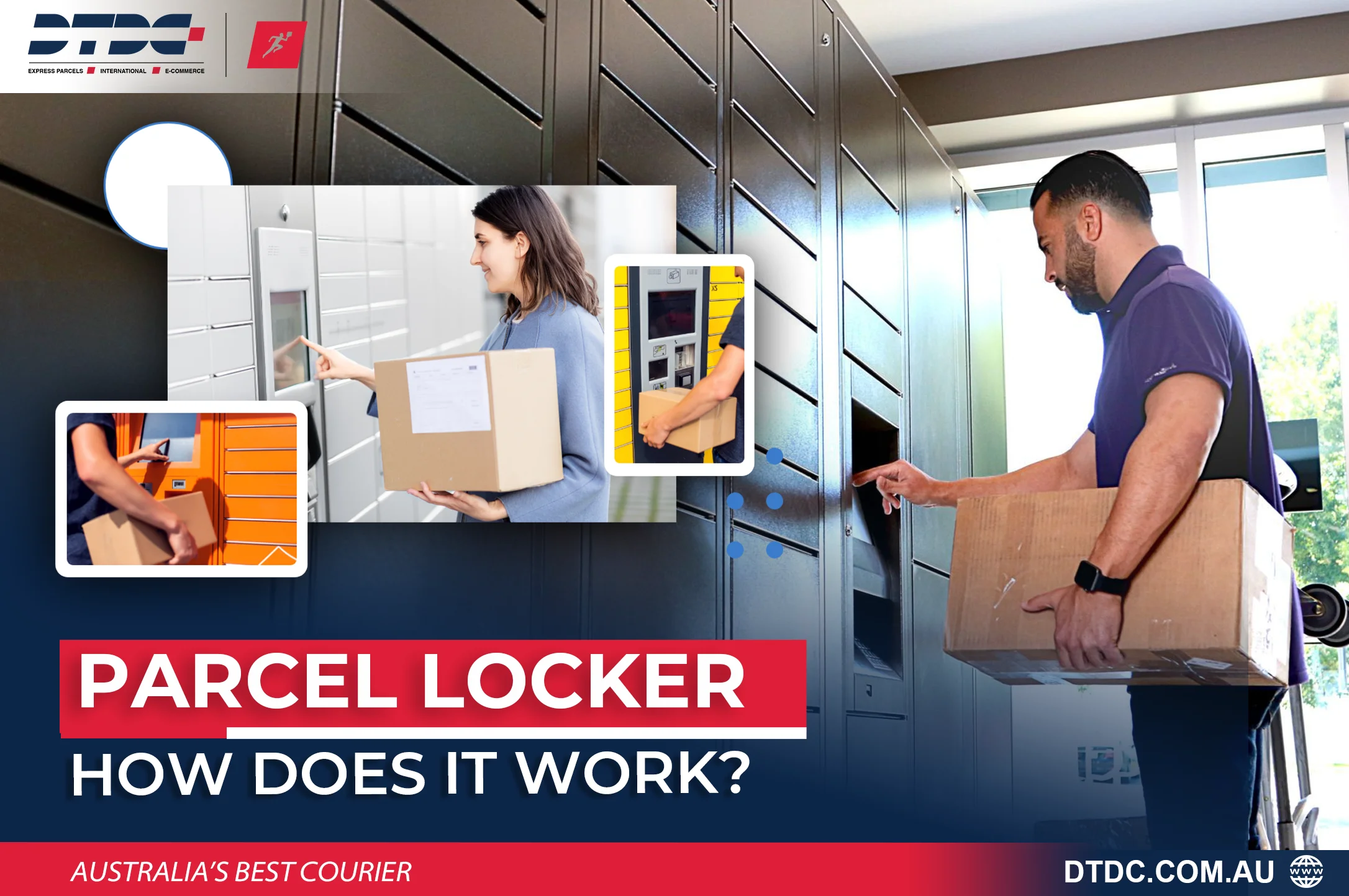A collage image showcasing the functionality of a parcel locker system: a man depositing a package, and in smaller frames, a woman retrieving a box and a person placing a package into a locker.
