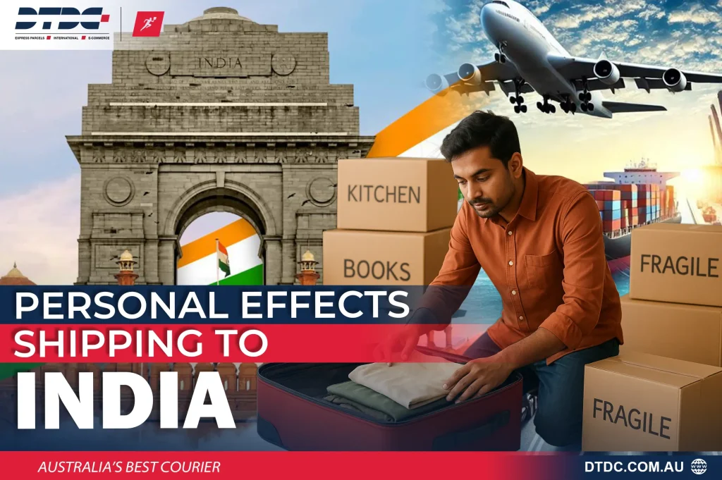 A collage for personal effects shipping to India, showing a man packing his belongings, moving boxes labeled "Books" and "Fragile," with a background of India Gate, a cargo plane, and a container ship.