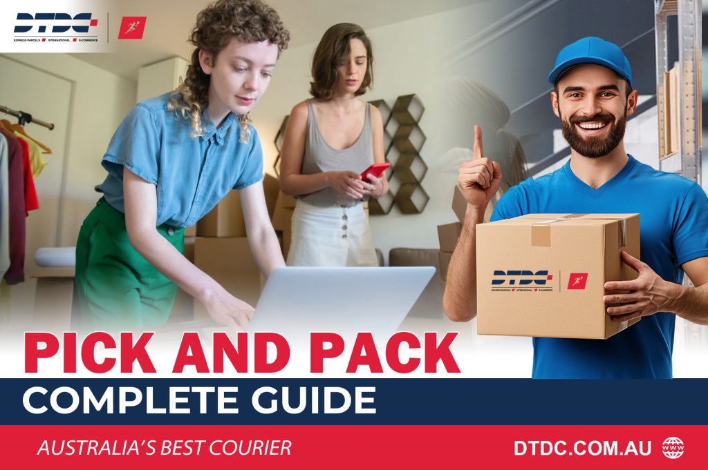 Pick and pack fulfilment process showing warehouse staff preparing orders and a courier holding a packaged box for delivery.